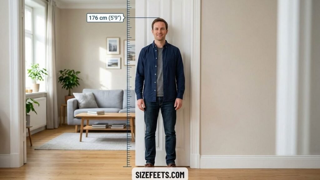 An average man's height showing 176cm in inches as 5 feet 9 inches