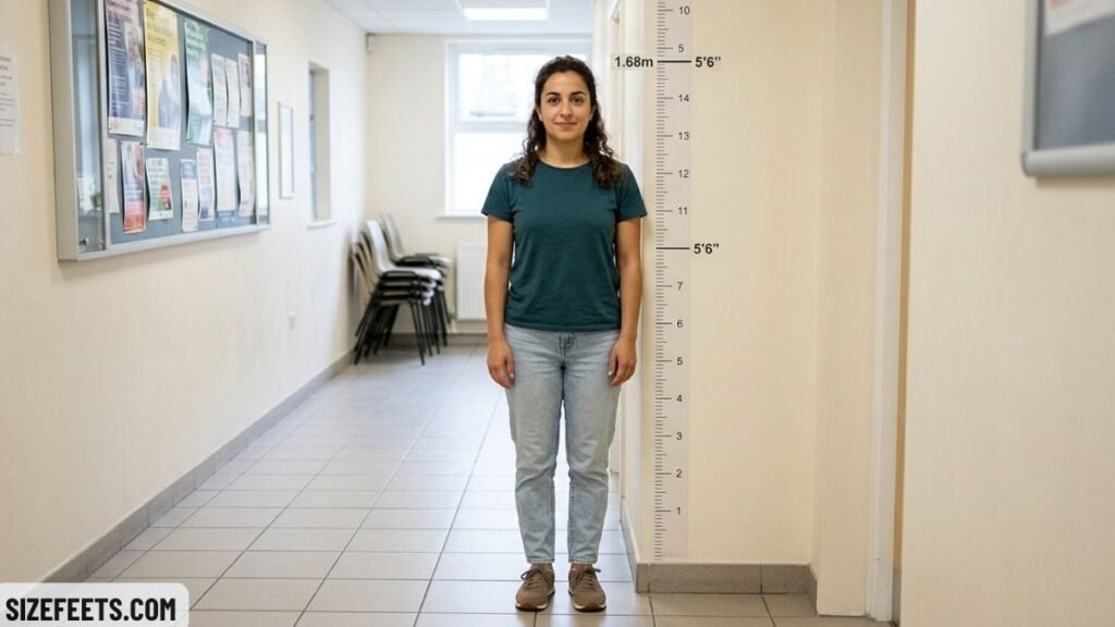 An average woman's height showing 1.68m to ft as 5 feet 6 inches