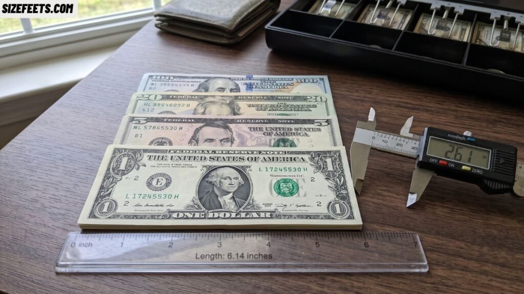 A stack of US bills showing how long is a dollar bill at 6.14 inches