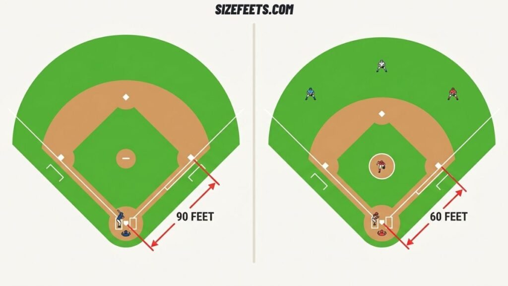 Base paths shown for softball field vs baseball field size, 90 feet versus 60 feet