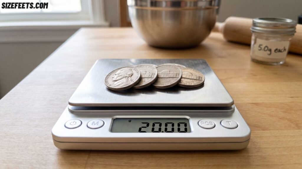 Four US nickels that weigh exactly 20 grams, a common answer to how much is 20 grams