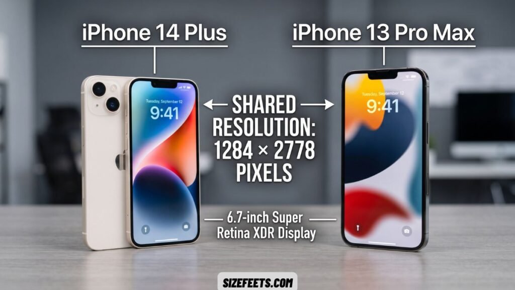 iPhone 14 Plus with the 1284 × 2778 iPhone wallpaper size on a 6.7-inch screen