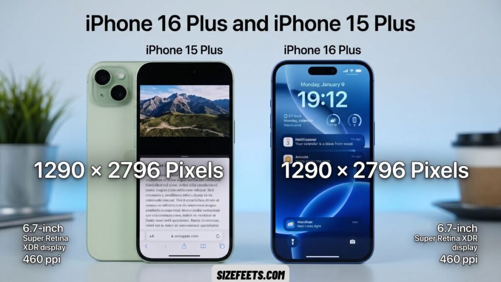 iPhone 16 Plus showing the 1290 × 2796 iPhone wallpaper size on a 6.7-inch screen