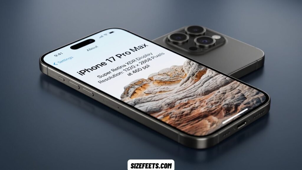 iPhone 17 Pro Max showing the 1320 × 2868 iPhone wallpaper size on a 6.9-inch screen