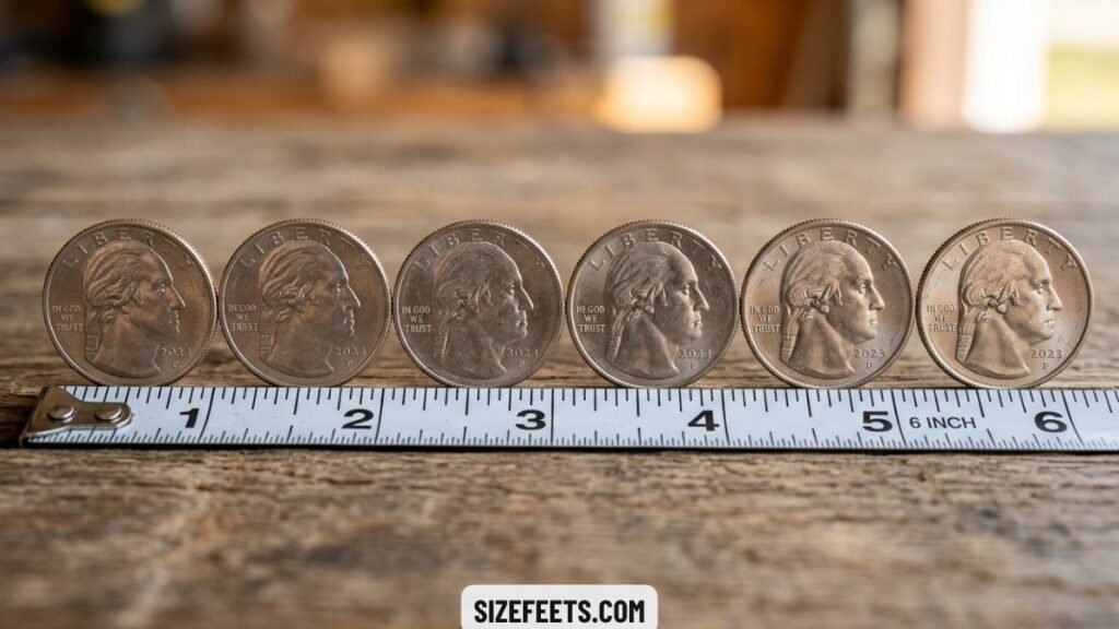 Six US quarters in a row showing how big 6 inches is