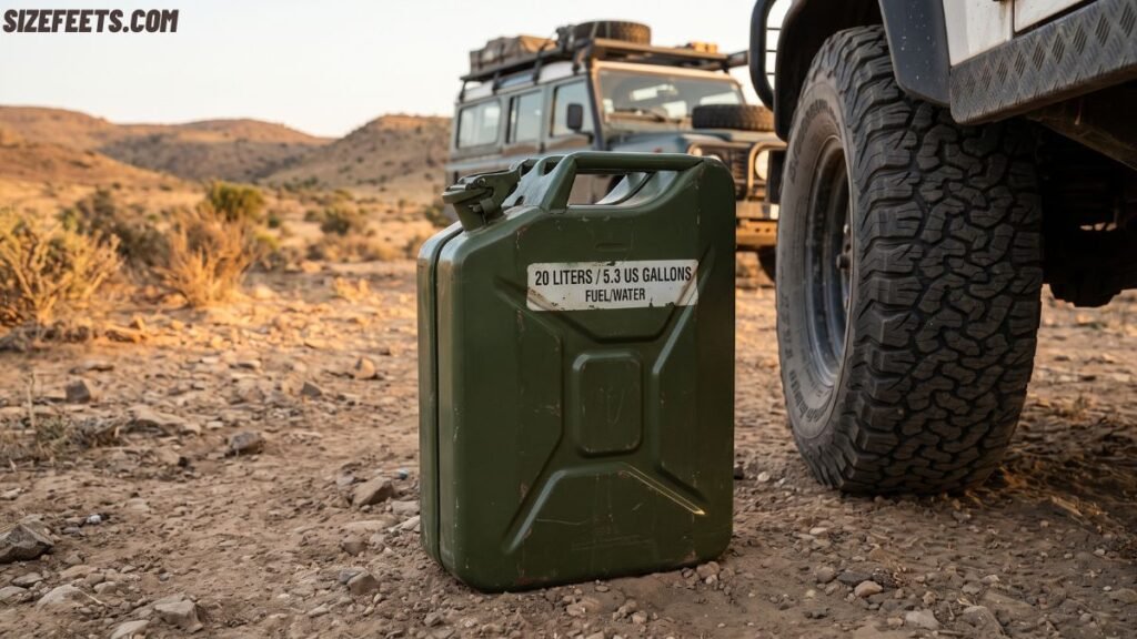 A classic 20-liter jerry can showing the most common of the jerry can sizes
