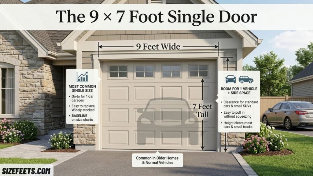 A 9 by 7 foot single garage door showing the most common size on a garage door sizes chart