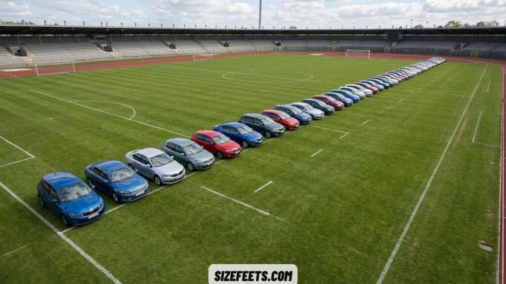 A row of cars showing the soccer field size in meters for length