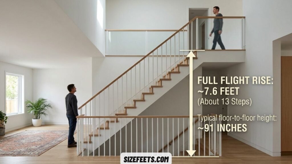 A full flight rise of about 7.6 feet showing staircase dimensions in feet