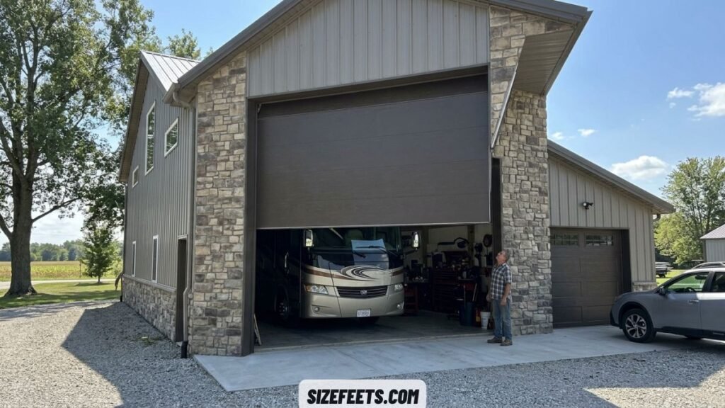 A large RV garage door showing the biggest size on a garage door sizes chart
