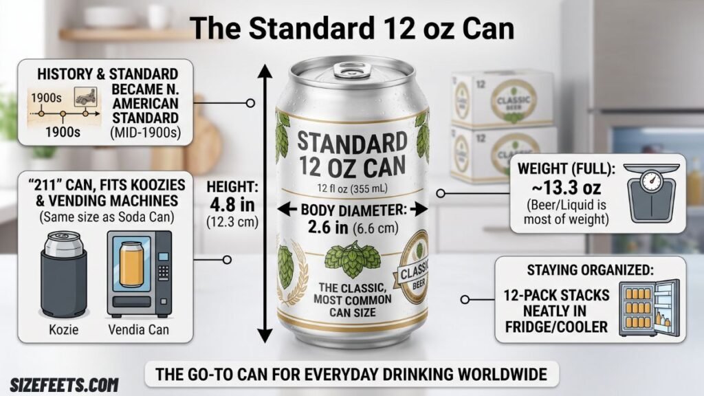 A standard 12 oz beer can showing the most common beer can size