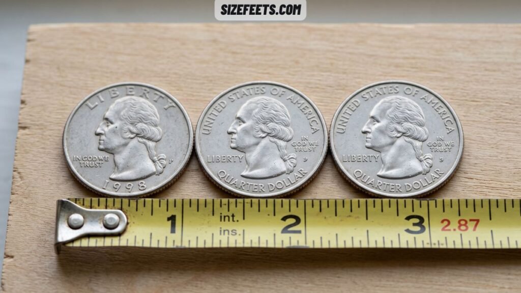 Three US quarters in a row showing a 3 inch example