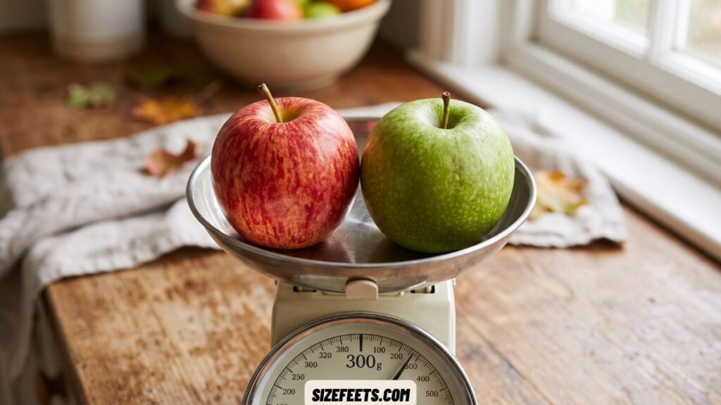 Two medium apples that together weigh about 300 grams