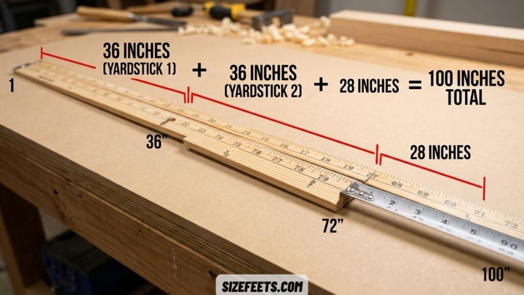 Two yardsticks laid end to end showing how long 100 inches is