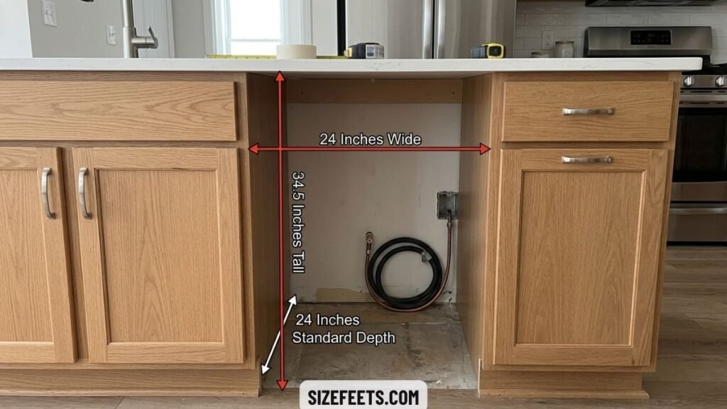 A base cabinet cutout shown for dishwasher size in feet