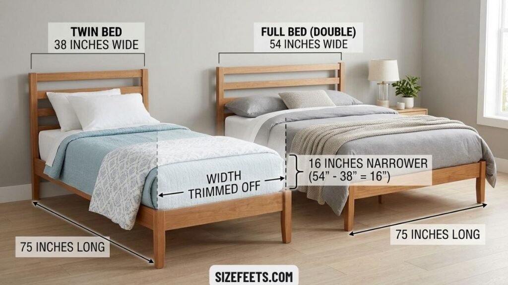A full bed compared to twin size bed dimensions in feet