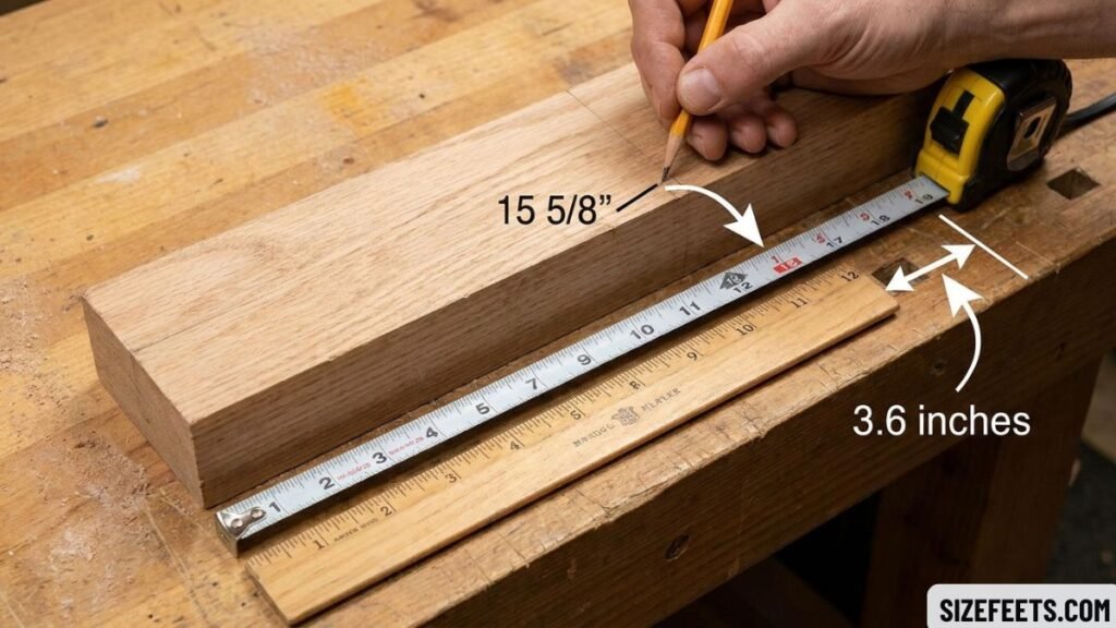 A ruler plus inches showing the length in typical cmu block dimensions