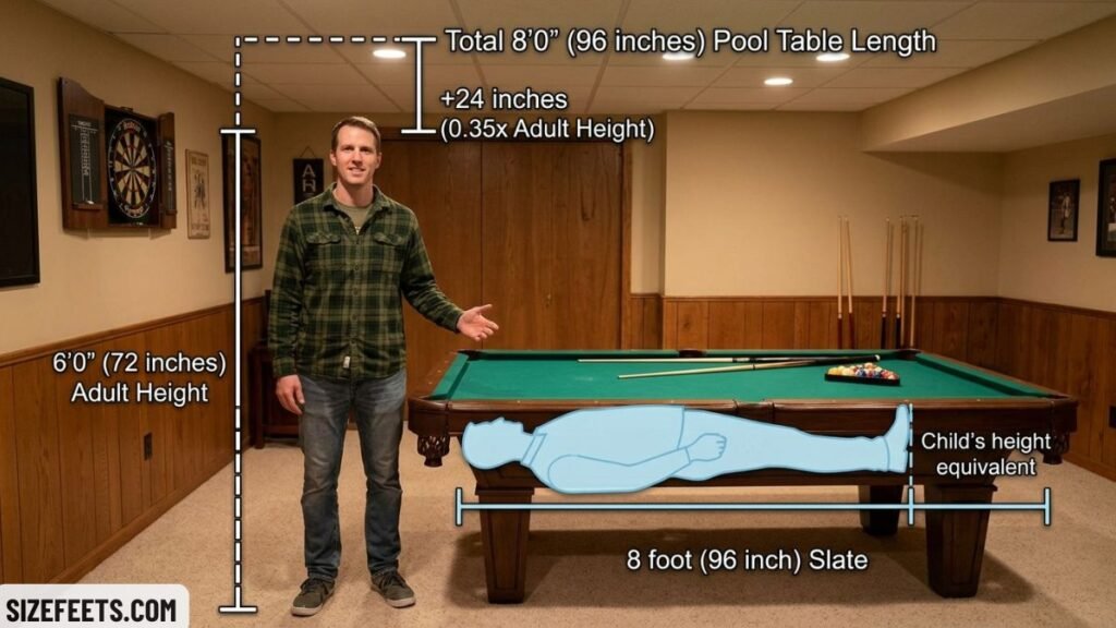 A tall adult shown for scale to picture how long is a pool table