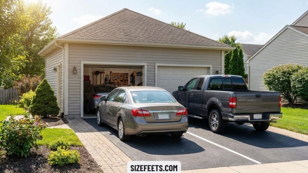 A two-car garage showing two spaces in average parking space size