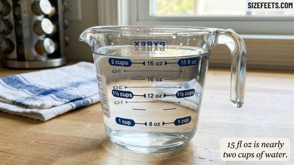 Nearly two cups of water showing 15 oz in volume