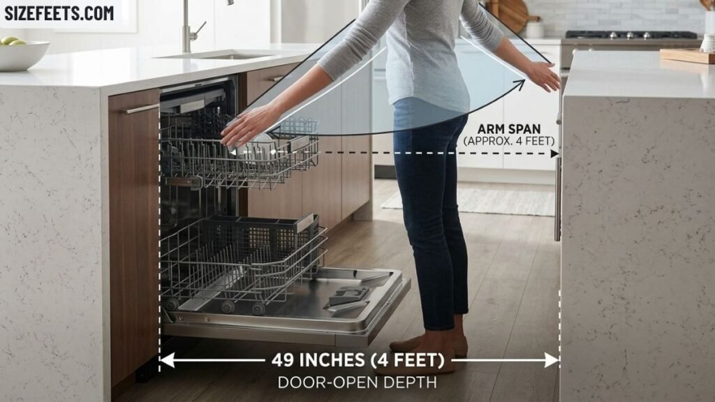 The door-open depth in dishwasher size in feet