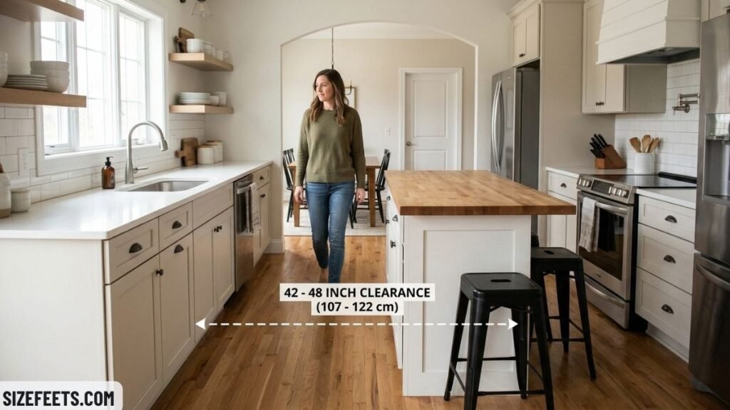 The island clearance in an l shaped kitchen with island