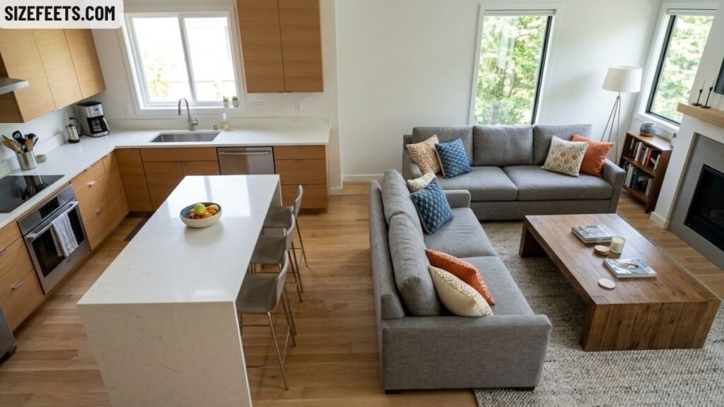 The L-shape counter runs in an l shaped kitchen with island