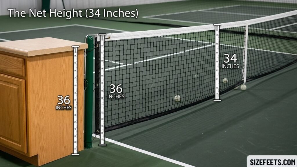 The net height showing how long is a pickleball court